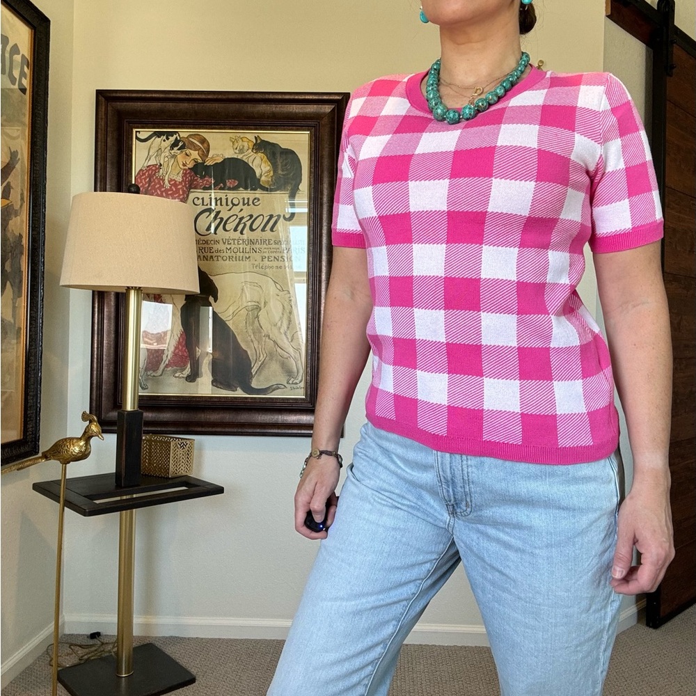 J. Crew Short Sleeve Gingham Sweater in Pink